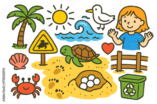 Protecting Sea Turtle Nests. Colorful Hand-drawn doodle Children illustration Protecting sea turtle nests [sea turtle, sandy beach, turtle eggs, nest, palm