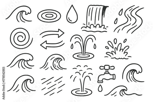 Water Movement Doodles. Hand-drawn doodle illustration The Movement of Water [wave, ripple circle, droplet, waterfall, river flow, spiral swirl, curved arrows,