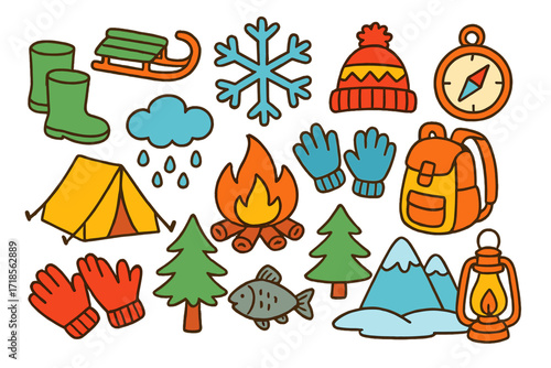 Winter Adventure Icons. Colorful Hand-drawn doodle Children illustration Winter Survival [campfire, tent, sled, snowflake, boots, gloves, hat, sun, cloud,
