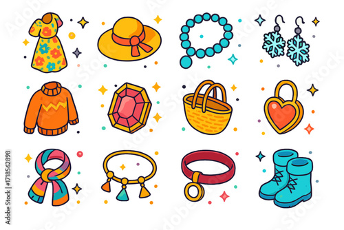 Seasonal Jewelry Icons. Colorful isometric vector icons set of matching jewelry to seasonal outfits: floral maxi dress, sunhat, turquoise necklace, snowflake