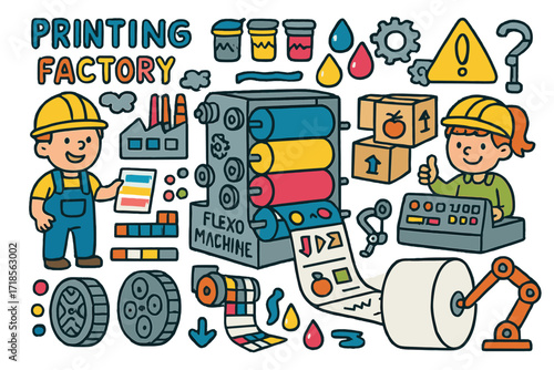 Printing Factory Fun. Colorful Hand-drawn doodle Children illustration Printing factory fun flexo machine, rollers, ink trays, gears, big paper roll, safety