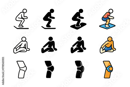 Injury Prevention Icons. Icon Set of Injury Prevention: Proper landing, Warm-up stretch, Joint support. Icons set in vector style, emblematic variations.