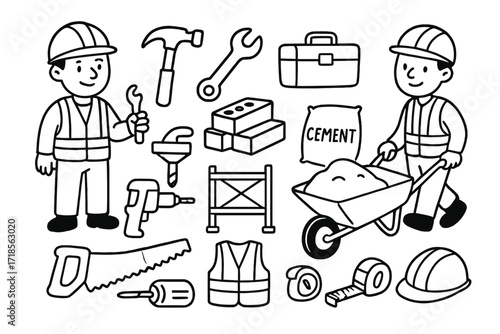 Construction Tools Doodle. Hand-drawn doodle illustration [heavy machinery and workers] [worker, crane, cement mixer, bricks, hammer, drill, scaffolding,