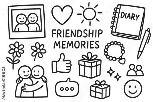 Friendship Memory Icons. Hand-drawn doodle illustration Friendship memories photo frame, heart, diary, pen, flower, sun, chat bubble, thumbs up, bracelet,