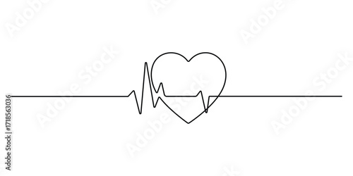 Continuous one line drawing of heart beat pulse with love sign. Heart in one continuous line draw illustration. Single line art heart sign. Editable stroke. Vector illustration
