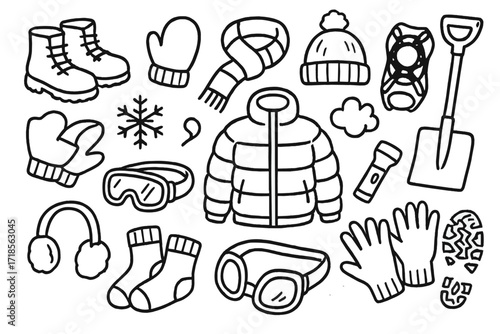 Winter Safety Gear Icons. Hand-drawn doodle illustration winter safety gear boots, mittens, scarf, beanie, thermal jacket, snow goggles, ice grips, snow