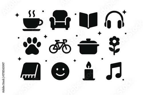 Icons of Daily Joy. Everyday happiness. Solid icons set of everyday happiness: coffee cup, cozy chair, book, headphones, pet paw, bicycle, cooking pot, garden