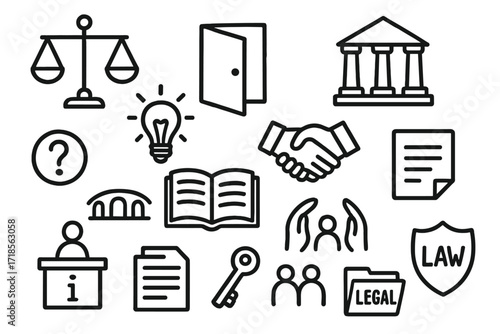 Justice Access Doodles. Hand-drawn doodle illustration Access to justice [justice scales, open door, courthouse, lightbulb, book, handshake, question icon,