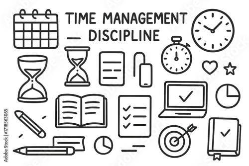 Time Management Icons. Hand-drawn doodle illustration Time management discipline [calendar, clock, stopwatch, hourglass, checklist, pencil, book, laptop,