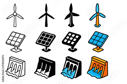 Renewable Energy Icons. Icon Set of Renewable Energy: Wind turbine, Solar panel, Hydro dam. Icons set in vector style, emblematic variations. Wind turbine