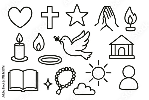 Symbols of Belief. Hand-drawn doodle illustration Expressions of belief heart, cross, star, praying hands, candle, flame, dove, temple, open book, beads, halo,