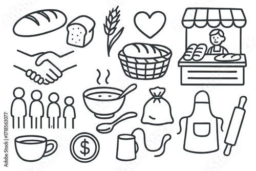 Bread and Hope Symbols. Hand-drawn doodle illustration Bread and hope symbolism [loaf of bread, slice of bread, basket, wheat stalk, heart, handshake, soup