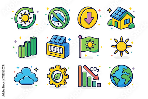 Solar Energy Icons. Colorful isometric vector icons set of solar energy benefits: renewable energy symbol, zero emissions badge, cost savings icon,