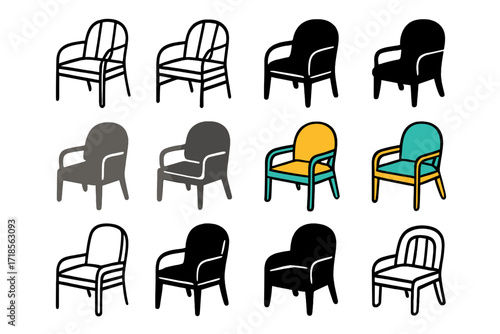 Art Deco Chair Logos. Set Logo of Wooden Chair: Art deco accent chair. Logo set in vector style, emblematic variations. line, bold thick line, solid black