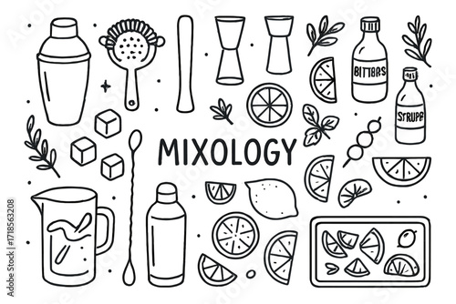Mixology Tools Doodle. Mixology. Hand-drawn doodle illustration mixology shaker, strainer, muddler, jigger, bitters bottle, syrups, herbs, citrus slices, fruit