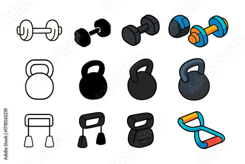 Colorful Gym Icons. Icon Set of Gym equipment guidance: dumbbells, kettlebell, resistance band. Icons set in vector style, emblematic variations. Dumbbells