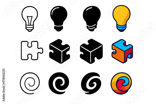 Conceptual Icon Set. Icon Set of Conceptual Imagery: Light bulb, Puzzle piece, Abstract swirl. Icons set in vector style, emblematic variations. Light bulb