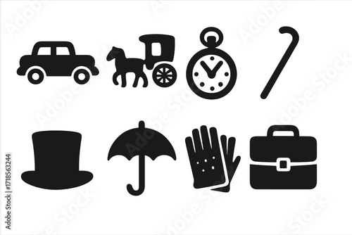 Gentleman Icon Set. Solid, filled icon set of gentleman transportation: vintage car, horse carriage, pocket watch, walking cane, top hat, umbrella, leather