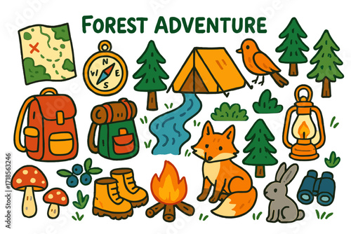 Wallpaper Mural Forest Adventure Icons. Forest Adventure. Colorful Hand-drawn doodle Children illustration Forest Adventure map, compass, tent, backpack, lantern, mushrooms, Torontodigital.ca