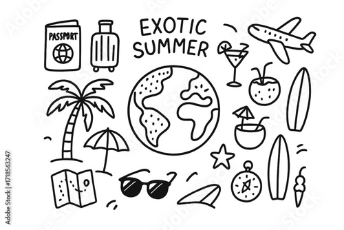 Exotic Vacation Doodle. Hand-drawn doodle illustration Exotic summer destinations globe, passport, suitcase, airplane, cocktail glass, coconut drink, sun, palm