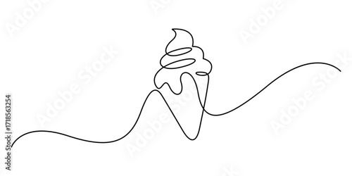 Continuous one line drawing a soft serve ice cream. Cone ice cream. Minimal cone ice cream. Vector illustration