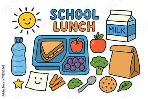 Colorful School Lunch Tray. Colorful Hand-drawn doodle Children illustration School lunch nutrition lunch tray, sandwich, apple, milk carton, carrot sticks,