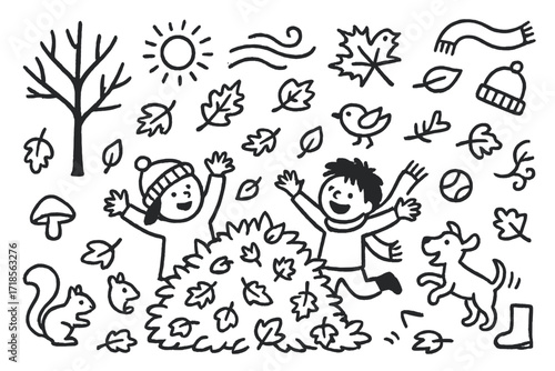 Kids Playing in Leaves. Hand-drawn doodle illustration Children playing in leaves [kids silhouette, leaf pile, oak leaf, maple leaf, mushroom, squirrel, dog,