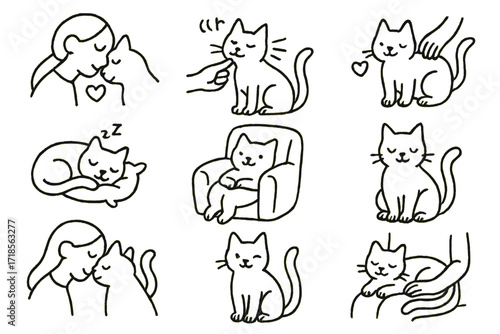Cat and Human Bond. Hand-drawn doodle illustration [Cat and human bond] [forehead touch, chin rub, hand stroke, heart symbol, purring, soft pillow, tail flick,
