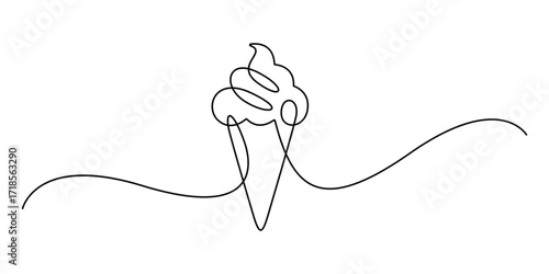 Continuous one line drawing a soft serve ice cream. Cone ice cream. Minimal cone ice cream. Vector illustration