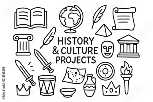 Cultural Symbols Doodle. Learning about history and culture through projects. Hand-drawn doodle illustration history and culture projects open book, globe,