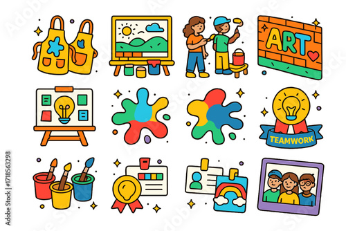 Youth Mural Icons. Colorful isometric vector icons set of youth and school mural projects: paint aprons, classroom wall sketch, student painters, step stool,