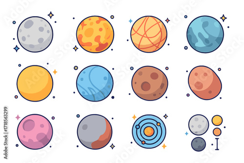 Colorful Celestial Icons Set. Colorful isometric vector icons set of Celestial bodies and moons: Earth?s moon, Io, Europa, Ganymede, Titan, Enceladus, Phobos,