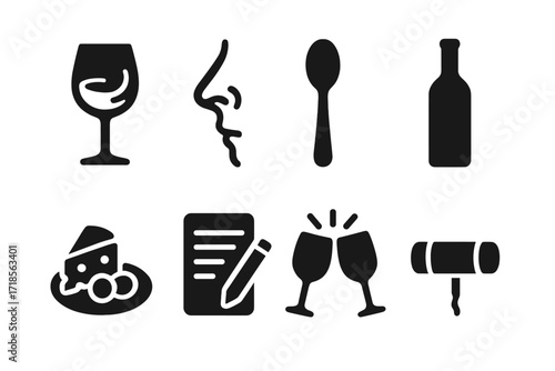 Wine Tasting Icons. Solid, filled icon set of wine tasting: wine glass swirl, nose sniffing, tasting spoon, wine bottle, cheese plate, tasting notes, wine