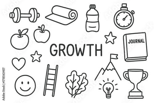 Fitness Journey Icons. Hand-drawn doodle illustration Growth in personal health and fitness dumbbell, yoga mat, apple, water bottle, stopwatch, journal, heart,