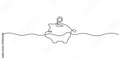 Piggy bank in one continuous line drawing, Minimal single line art piggy bank. Vector illustration