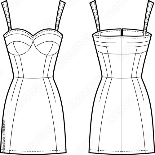 Elegant women’s mini dress fashion flat sketch, technical clothing design template with fitted silhouette, bustier top, sewing pattern illustration