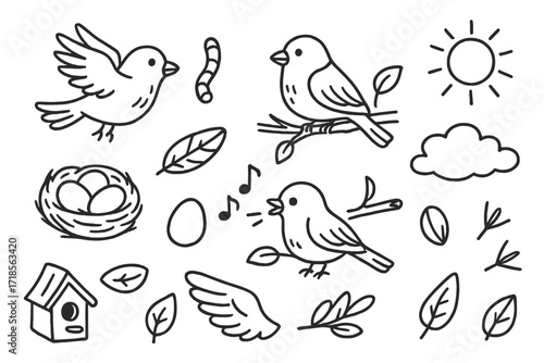 Sparrow Doodle Icons. Hand-drawn doodle illustration [Sparrow] [sparrow flying, perched sparrow, bird nest, birdhouse, feather, worm, tree branch, egg,
