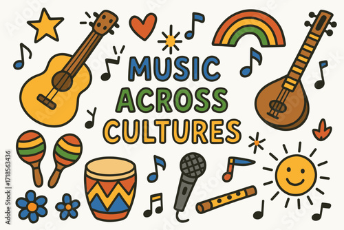 Music Celebrates Diversity. Colorful Hand-drawn doodle Children illustration Music Across Cultures [guitar, drum, maracas, sitar, flute, microphone, rainbow,