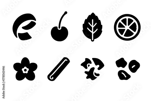 Liqueur Garnish Icons. Solid, filled icon set of liqueur garnishes: lemon twist, cherry, mint leaf, orange slice, edible flower, cinnamon stick, chocolate