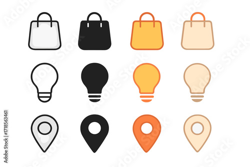 Icon Variations Grid. Three rows: each row shows one object in variations. All icons equally spaced in a ? grid ( per row). Uniform icon size. No text.