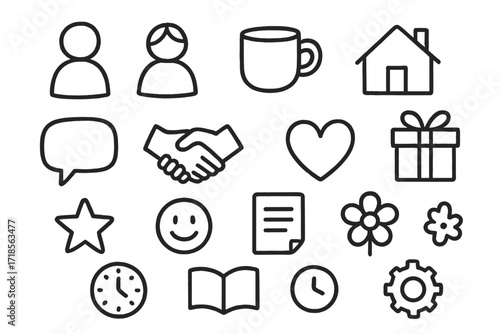 Everyday Support Icons. Hand-drawn doodle illustration everyday support man symbol, woman symbol, coffee mug, house, chat bubble, handshake, heart, gift, star,