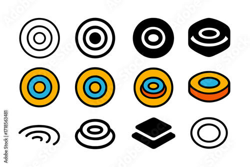 Harmony Logo Variations. Set Logo of Harmony: Water ripple circles. Logo set in vector style, emblematic variations. line, bold thick line, solid black filled,