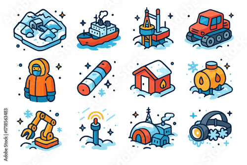 Arctic Mining Icons. Colorful isometric vector icons set of Mining in the Arctic and extreme cold environments: snow-covered mining site, icebreaker supply