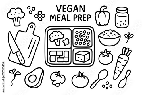 Vegan Meal Prep Doodles. Hand-drawn doodle illustration vegan meal prep lunchbox, cutting board, broccoli, chickpeas, tofu block, bell pepper, rice bowl,