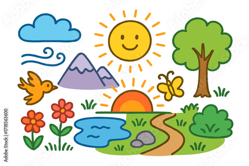 Playful Sunset Scene. Colorful Hand-drawn doodle Children illustration Sunset landscape sun, cloud, mountain, tree, bird, flower, lake, butterfly, breeze