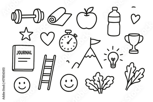 Fitness Journey Icons. Hand-drawn doodle illustration Growth in personal health and fitness dumbbell, yoga mat, apple, water bottle, stopwatch, journal, heart,