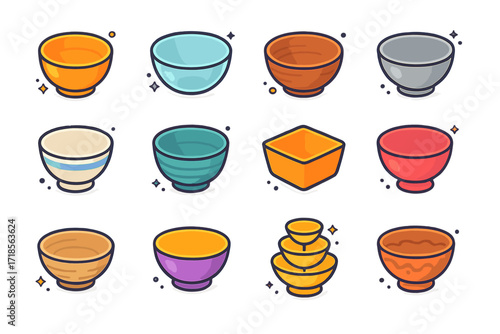 Vibrant Bowl Icons. Colorful isometric vector icons set of different types of bowls: ceramic soup bowl, glass salad bowl, wooden serving bowl, metal mixing