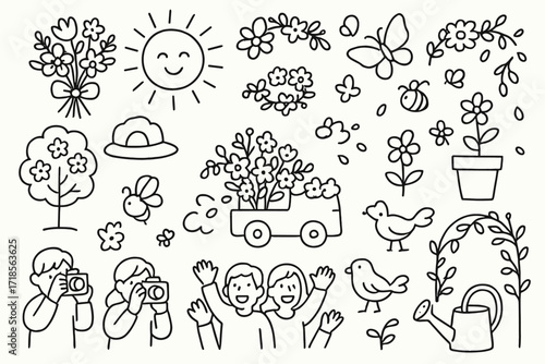 Spring Parade Doodle. Hand-drawn doodle illustration Spring flower parade flower bouquet, smiling sun, floral crown, parade float, butterflies, petals, blossom