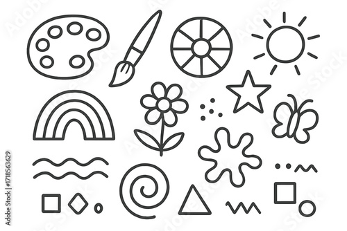 Vibrant Art Tools. Hand-drawn doodle illustration Vibrant colors paint palette, paintbrush, color wheel, rainbow, sun, star, flower, butterfly, abstract
