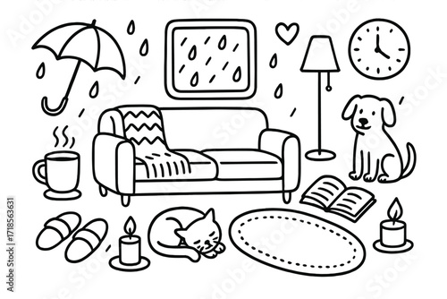 Cozy Indoor Rainy Day. Hand-drawn doodle illustration Rainy day indoors [umbrella, raindrops, window, blanket, mug, slippers, candle, heart, sofa, cat, dog,